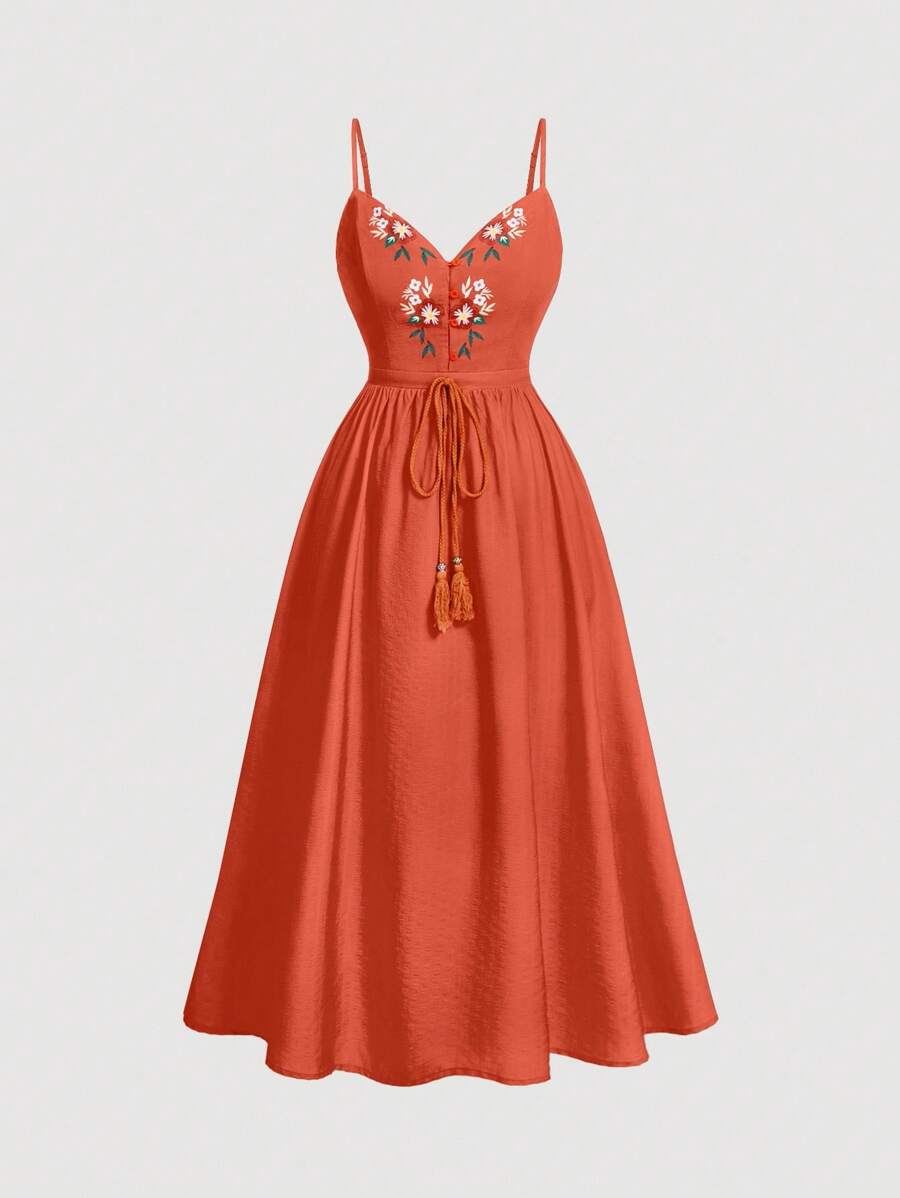 SHEIN MOD Plus Size Front & Middle Floral Print Waist Defined Flared Hem Orange Resort Dress,Country Concert Outfit,Beach Vacation Outfits,Western Wear Women,Beach Dress Sundress,Holiday Outfits Boho - Rust Brown - View 1