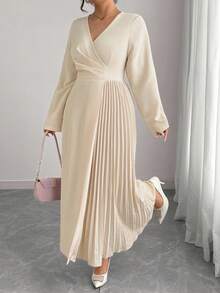 Elenzga 大码女式优雅交叉 V 领腰部褶皱下摆拼接褶皱松紧腰长袖长裙，适合办公室、通勤、法式浪漫下午茶派对