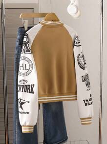 1pc Teen Girl Jacket Baseball Coat, Elastic Striped Cuffs & Collar, Contrast Color Sleeves, Graphic Print Front, Casual Cool Outerwear For Autumn/Winter - Khaki - View 2