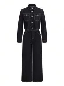 SHEIN x PRISCILA & JIMENA DAZY 翻蓋口短款牛仔夾克和寬腿牛仔褲 - 黑色 - 查看 2