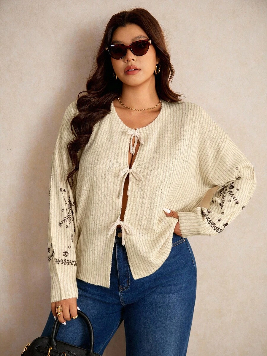 Elaquor Plus Size Elegant French Style Casual Striped Print Lightweight Knit Pullover Sweater For Women Autumn Winter Clothes For Women Fall/Winter - Beige - View 1