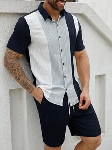 Manfinity Homme Herren Große Größen Gestreiftes Kurzarm Einreiher Hemd und Shorts Lässig anzug, Sommer - Verschiedenfarbig - Übersicht 4