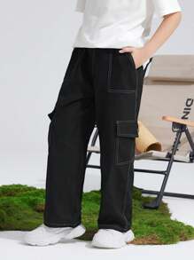SHEIN Tween Boy Loose Casual Contrast Stitching Work Pants - Black - View 4