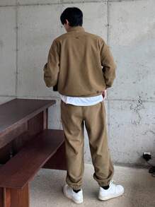 DAZY Men's Autumn Half-Zip Textured Fabric Pullover Sweatshirt & Pants Set - Khaki - View 2