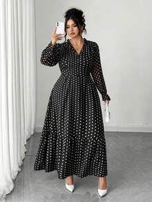 Elenzga 大码女式优雅V领波尔卡圆点长袖连衣裙 - 黑色 - 查看 1