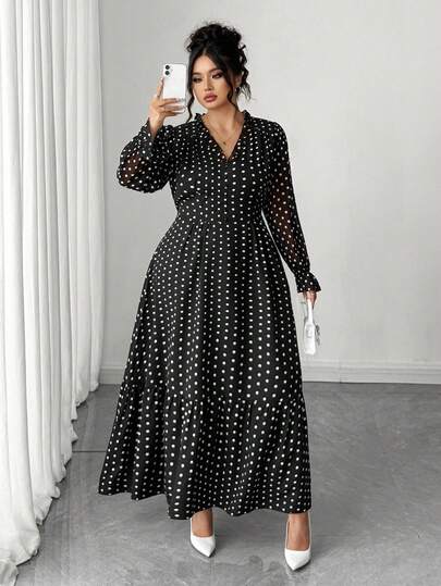 Elenzga 大码女式优雅V领波尔卡圆点长袖连衣裙