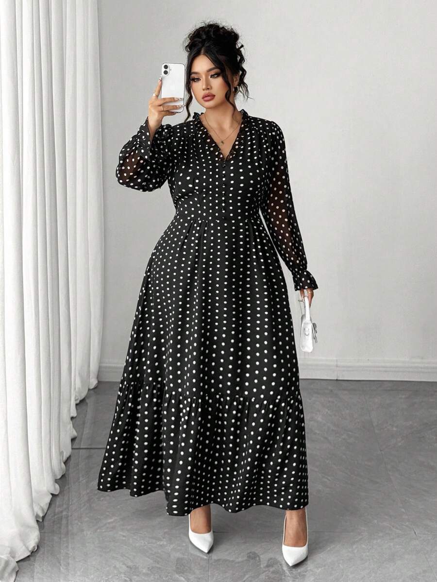Elenzga 大码女式优雅V领波尔卡圆点长袖连衣裙 - 黑色 - 查看 1