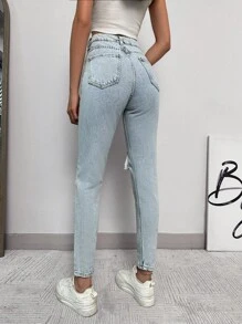 EURMUSE Petite HIGH RISE RIPPED MOM JEAN LIGHT BLUE ,Petite Women - Light Wash - View 3