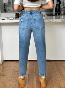 SHEIN Tall 100% Cotton HIGH RISE MOM CUT RIPPED WOMEN JEAN TALL Women Clothing Jeans Jeans Outfit For Women Jeans For Women Women S Street Wear Women Summer Clothing Women S Bottoms Woman S Summer Clothes Women Jeans Plus Size - Medium Wash - View 2
