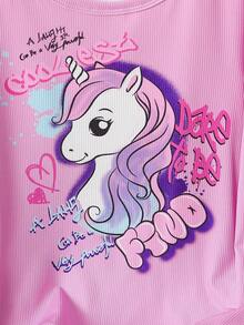 SHEIN 女童修身长袖上衣和裤子套装，粉色上衣搭配彩色独角兽涂鸦图案长裤，采用弹力面料，活动自如。 - 彩色 - 查看 6