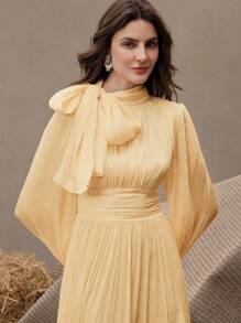 Anewsta Essential Abito elegante e versatile in tessuto plissettato e lucido, adatto per la primavera e l'autunno, con vita arricciata - Giallo - Visualizzare 5