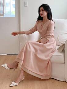 DAZY Damen 3/4 Ärmel elegantes fließendes Midi-Kleid Langarmkleid - Pink - Übersicht 4