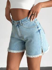 SHEIN MINI DENIM SHORT WITH CHERRY EMBROIDERY, Minimalist & Fashionable, Suitable For Summer - Light Wash - View 4