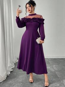 Modelyn Plus Size Women Elegant Waist Cinched Mesh Patchwork Ruffle Hem Dress Fall Cloth For Women - Purple - View 4