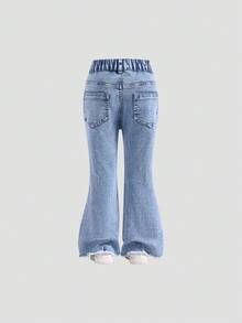 SHEIN Explorewe Young Girls' Distressed Skinny Fit Elastic Denim Jeans, Washed Light Blue, Casual & Fashionable Fall Winter Baggy Jeans Y2k Bellbottoms Jeans - Light Wash - View 2