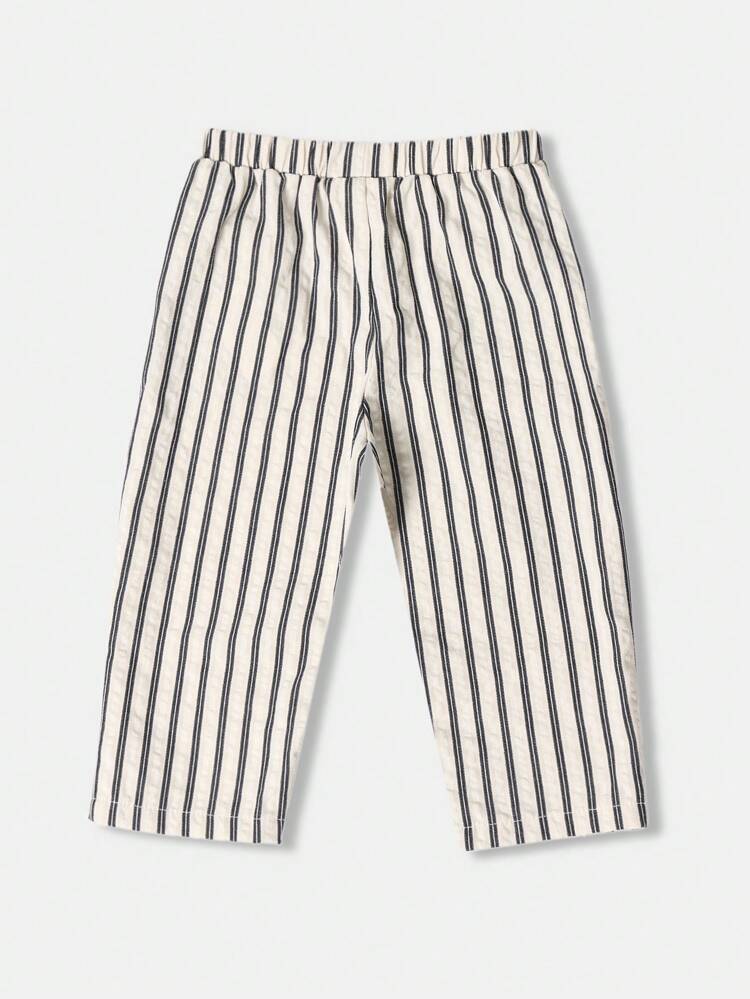 Linen Feel Striped Pull On Pants With Elastic Waist