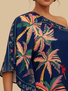 Travachic Váy ngắn in họa tiết cây nhiệt đới vai lệch cỡ lớn, màu xanh navy, phù hợp cho mùa hè và mùa thu - Màu xanh hải quân - Xem 7