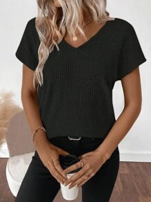 SHEIN LUNE Áo thun tay ngắn hở lưng buộc dây cho nữ, mùa hè - màu đen - Xem 2