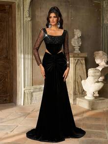 Aureia Elegant Luxurious Beaded & Sequin Splice Elastic Velvet Sheer Long Sleeve Ruched Mermaid Maxi Dress With Train, Suitable For Wedding, Party, Prom, Vacation, Formal Gown (Heavy Embellished), Black