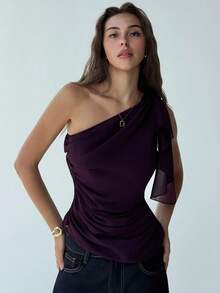 Aloruh Áo kiểu nữ thanh lịch màu trơn xếp ly lệch vai, áo mùa hè dáng suông kiểu giáo viên, áo voan xếp ly bất đối xứng màu tím lãng mạn cho buổi hẹn hò. - Màu tím - Xem 4