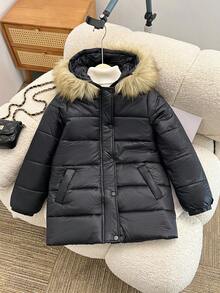 SHEIN Abrigo acolchado con capucha y puños elásticos para niñas, con cuello de piel, adecuado para vacaciones, salidas y vuelta al colegio