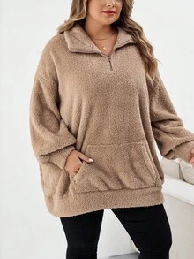 SHEIN CURVE+ 大码女式休闲时尚蓬松长袖运动衫 - 駝色 - 查看 4