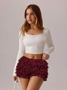 SHEIN SXY White Lace Layered Ruffle Hem Low Waist Shorts - Burgundy - View 5