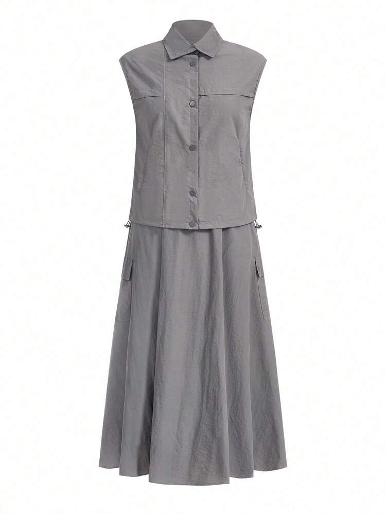 SHEIN x PRISCILA & JIMENA Women's Solid Single-Breasted Vest And Cargo Skirt 2 Pieces Casual Set Summer Lounge Sets For Women