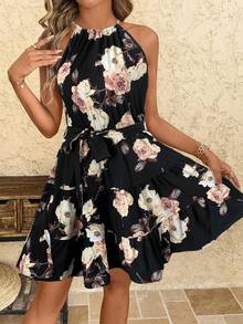 SHEIN Clasi Váy hè họa tiết hoa cạp chun nhún bèo - màu đen - Xem 6