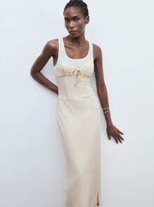 Maija Women's Casual Khaki Midi Dress: Sleeveless Scoop Neck Knitted Semi-Sheer Dress With Zipper Detail - Khaki - View 5