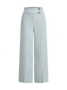 SHEIN x PRISCILA & JIMENA MOTF PREMIUM PANTALONES DE TRAJE DE PIERNA RECTA DE METAL - Neblina azul - Ver 3