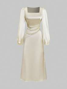 Celisse 女士优雅纯色灯笼袖鱼尾连衣裙 - 杏色 - 查看 7