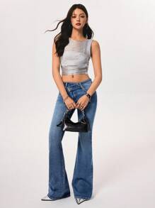 Rivivi 女式不对称腰部喇叭牛仔裤 - 藍色 - 查看 5