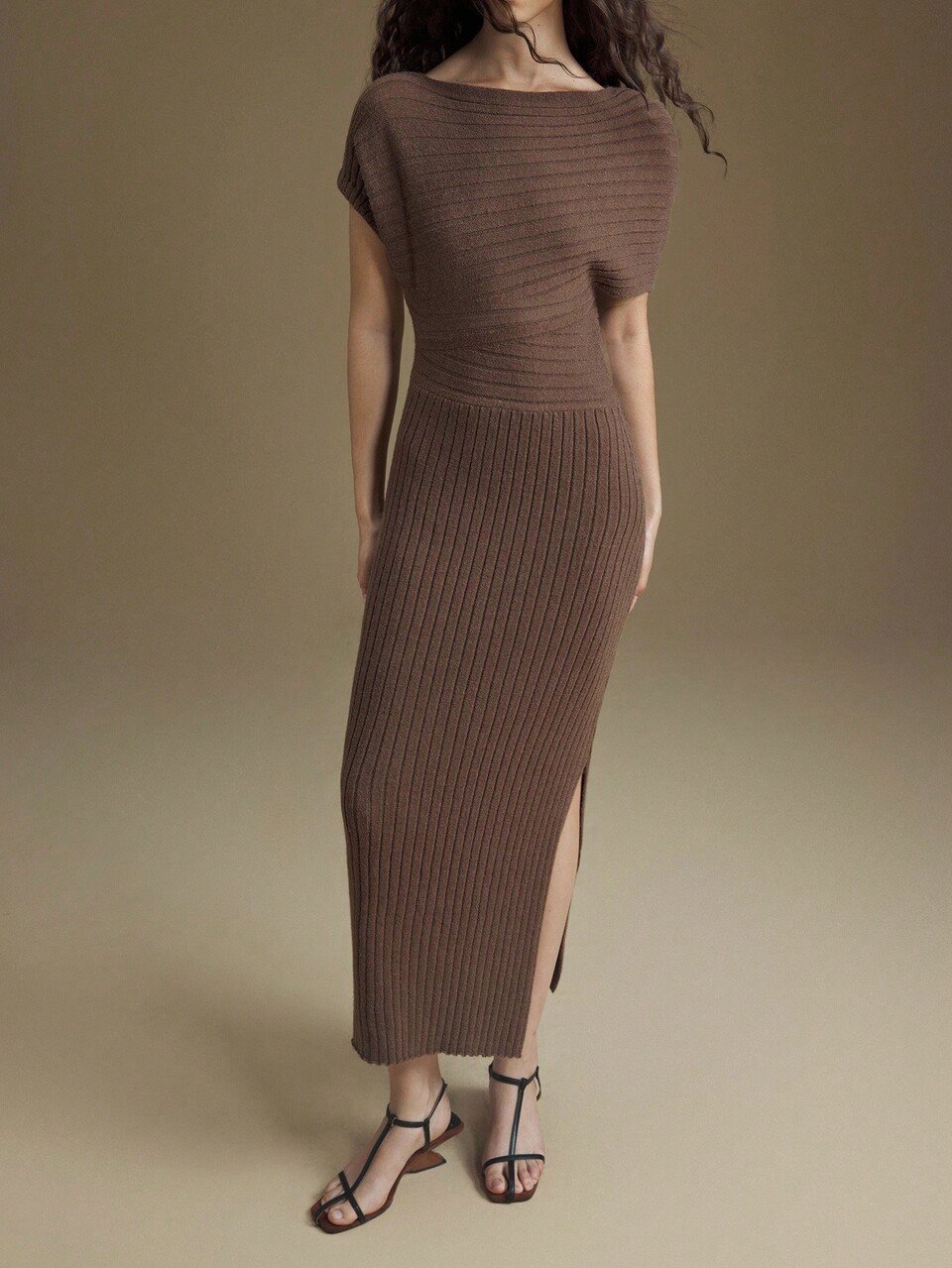 Women's Elegant Coffee Brown Autumn Sweater Dress,Business Casual Knit Patchwork Asymmetric Wedding Guest Brunch Bohemian Vintage Apparel