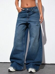 EURMUSE Pantalón vaquero de cintura media con detalles lavados y pierna ancha - Azul lavado oscuro - Ver 6