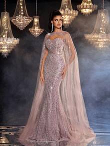 Glamrae Elegant Luxurious Beaded & Sequin Floral Detachable Jacket & Mermaid Skirt, Suitable For Wedding, Party, Vacation, Prom, Evening Gown (Heavy Embellished) - Dusty Pink - View 6