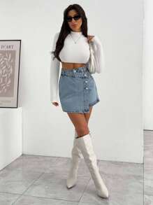 EURMUSE WOMEN MINI SKIRT MEDIUM WASH BUTTON DETAIL - Light Wash - View 4