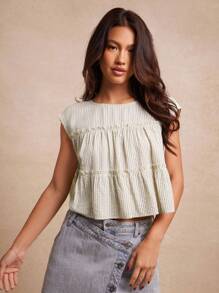 WESTFADE 纹理条纹编织圆领盖袖层叠荷叶边上衣 返校可爱秋季乡村夏季女装