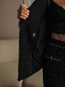 MOTF PREMIUM 粗花呢亮片双排扣西装外套 - 黑色 - 查看 8
