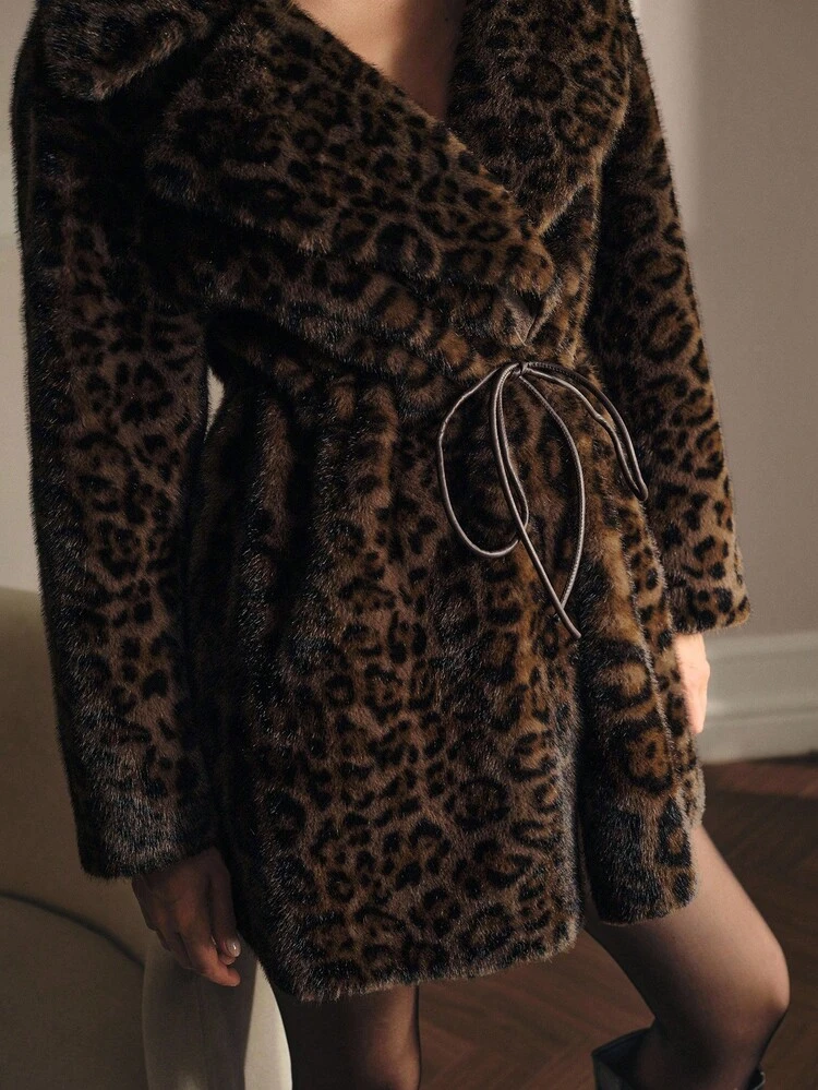 LEOPARD PRINT BELT WAIST LONG SLEEVE ELEGANT FAUX FUR COAT, AUTUMN/WINTER