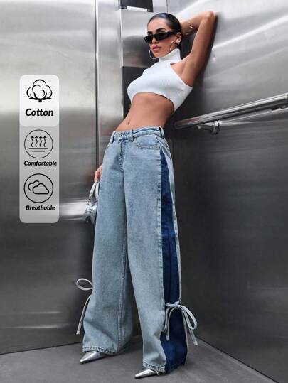 CasuGlow Jeans dal taglio largo in vita bassa con laccetti e motivi in patchwork colorblock