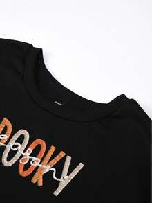 INAWLY Áo nỉ cổ tròn thêu chữ đơn giản, dáng rộng dành cho nữ - màu đen - Xem 5