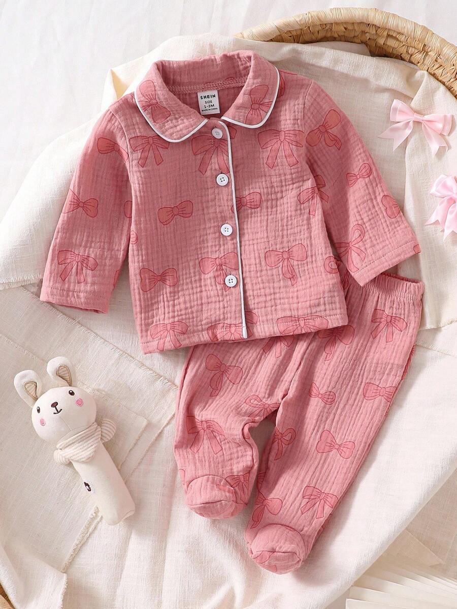 2pcs Newborn Baby Girls' Cute Bow Pattern Long Sleeve Top And Pants Casual Comfortable Pajamas Set Baby Girl Pajama Set With Bows Cotton Baby Clothes Fall Winter