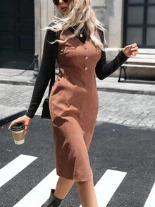 SHEIN LUNE Women's Solid Color Corduroy V-Neck Sleeveless Dress - Brown - View 4