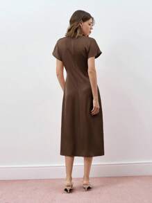 Maija Women's Solid Color Round Neck Short Sleeve Casual Waist Ruched Mid-Length Dress, For Holiday, Business, Casual Wear, Satin A-Line Elegant Dress - Brown - View 4