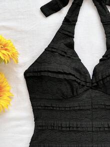 Soleia Women's Vacation White Knit Lace Texture Deep V Neck Tie Waist Jumpsuit, Slim Fit, Suitable For Party, Valentine's Day, Date, Layering, Beach Vacation, Boho Swimsuit Dress Black Vacation Dress Black Dress Summer Black Summer Romper Ruffle Romper Halter Neck Romper Black Vacation Romper Sexy Black Romper Sexy Summer Romper Black Halter Romper Ruffle Lace Romper Swimsuit Romper Summer Spring Valentine's Day Casual Vacation  Beach Wedding Birthday Going Out Elegant Casual Vacation - Black - View 4