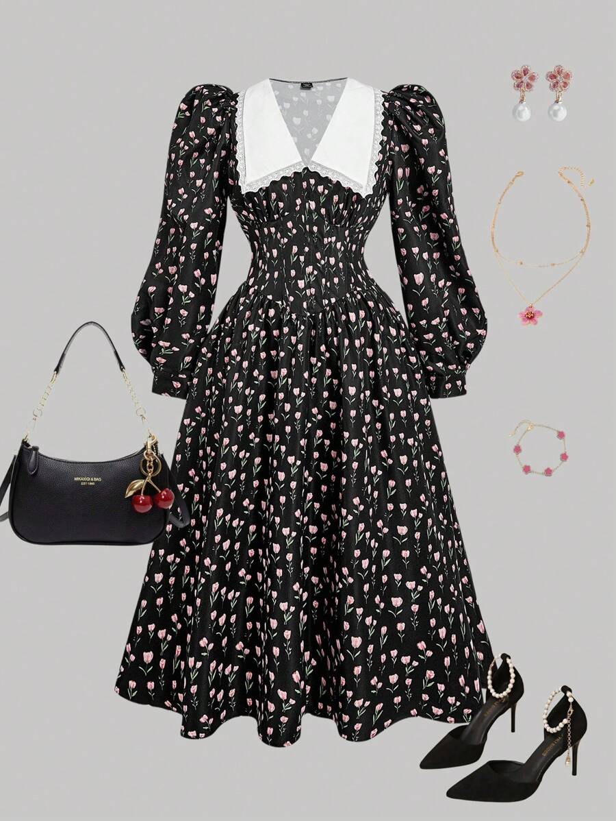 SHEIN MOD Plus Size Elegant Ditsy Ditsy Floral Puff Sleeve Maxi Dress,Fall Women Dresses,Fall Dresses,Black Long Sleeve Dress,Long Sleeve Dress,