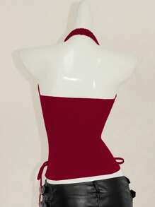 SHEIN ICON 夏季 Y2K V 领外出演唱会女士演唱会黑色哥特性感索环纯色时尚侧交叉带露背背心，夏季 - 酒紅色 - 查看 2