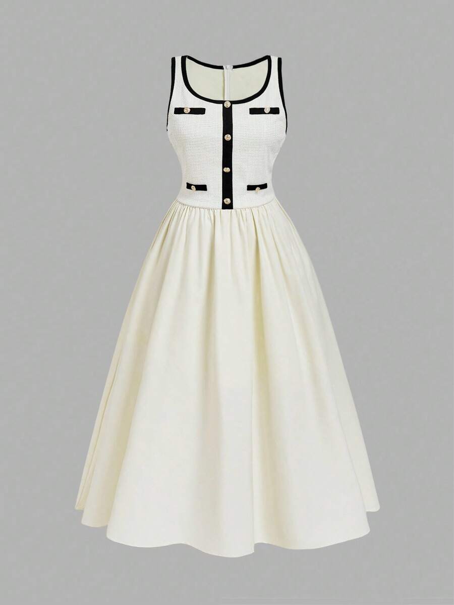 SHEIN MOD Plus Size Women Elegant Metallic Buckle Accent Sleeveless Dress Old Money - Apricot - View 1