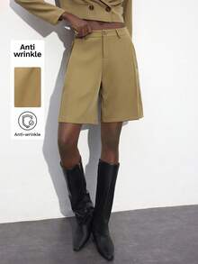 Maija Khaki Casual Work Versatile Bermuda Shorts With Pockets, Festival